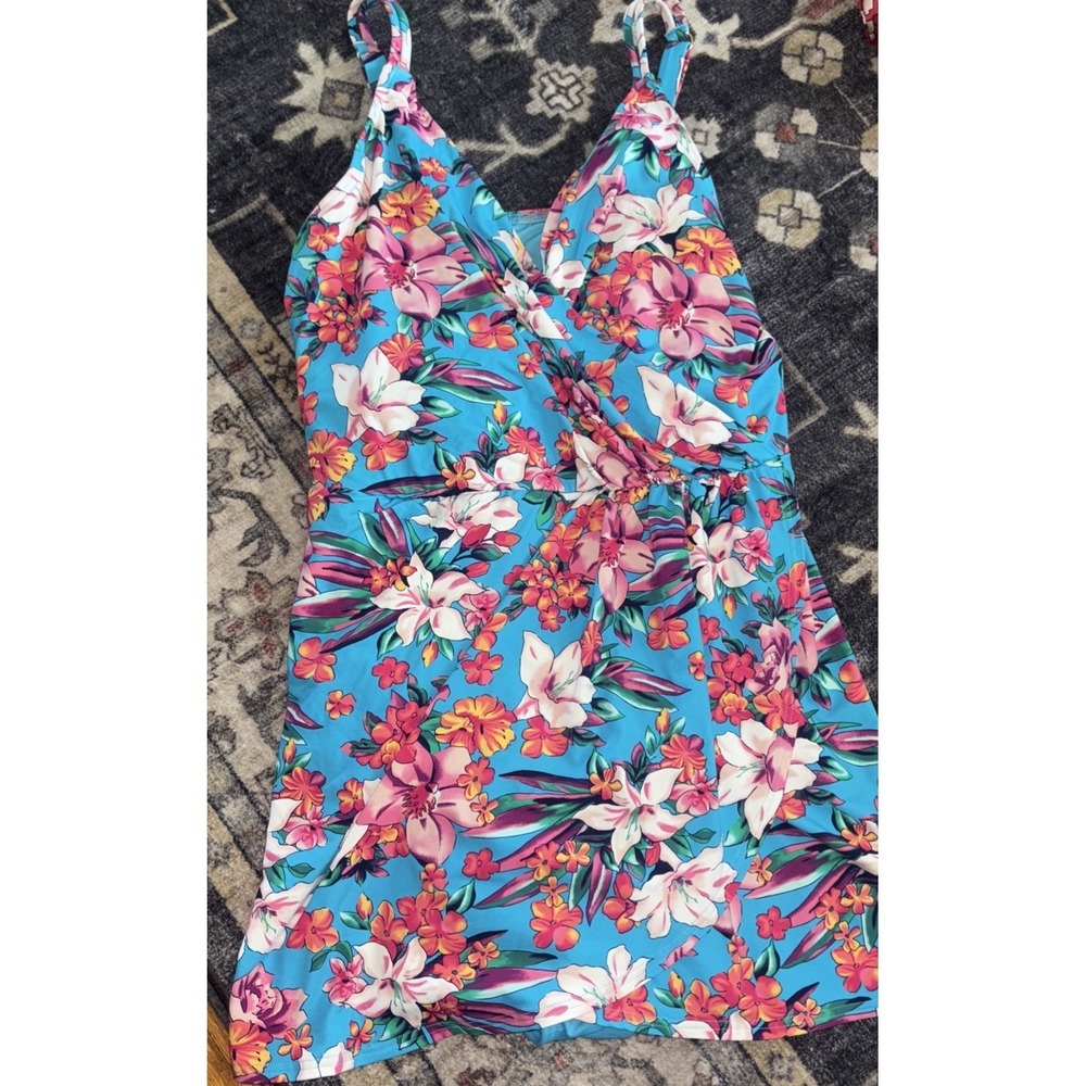 Lands' End Women's 18 One Piece Swimsuit Dress Turquoise Floral V-neck Skirt